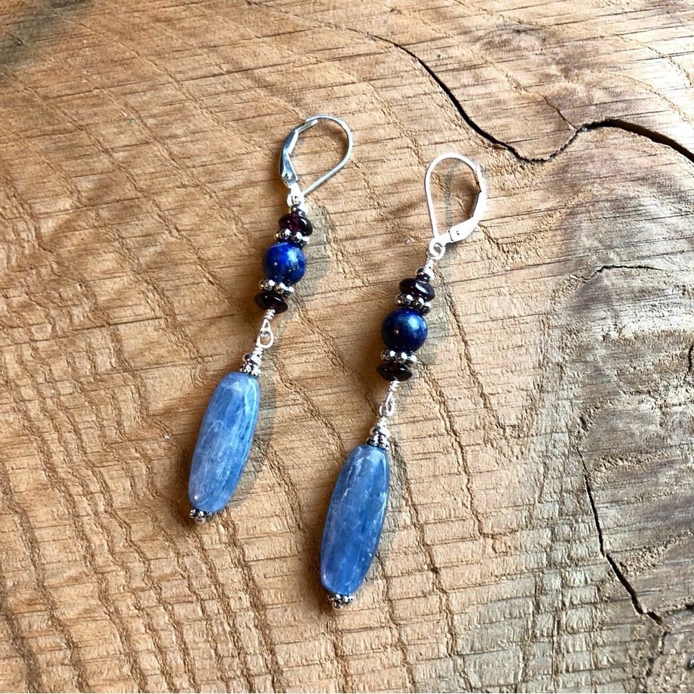 Blue Lapis, Kayanite and Garnet Dangle Earrings with‎ Silver Accents
